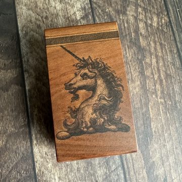 *Each one a unique piece* vintage Unicorn rubber stamp mounted on plum wood (300000-56)