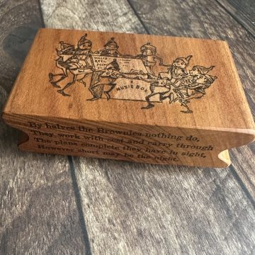 *Each one a unique piece* vintage Brownies with music box rubber stamp mounted on plum wood (300000-57)
